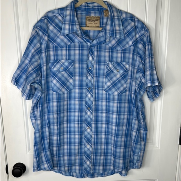 Wrangler Western Pearl Snap Shirt Men's 2XL Short Sleeve Blue White Plaid - Picture 1 of 8